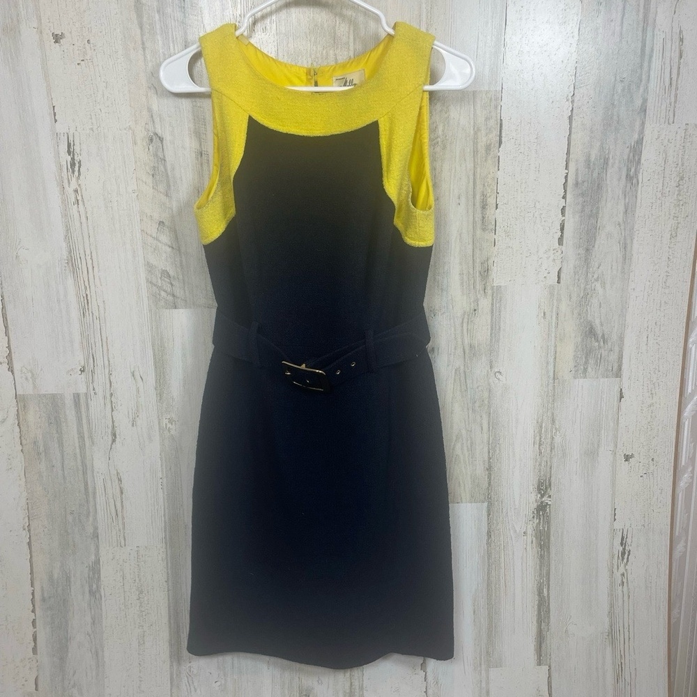 Milly New York Wool Sleeveless Dress size 4 Navy Yellow Belted Preppy Retro‎ USA